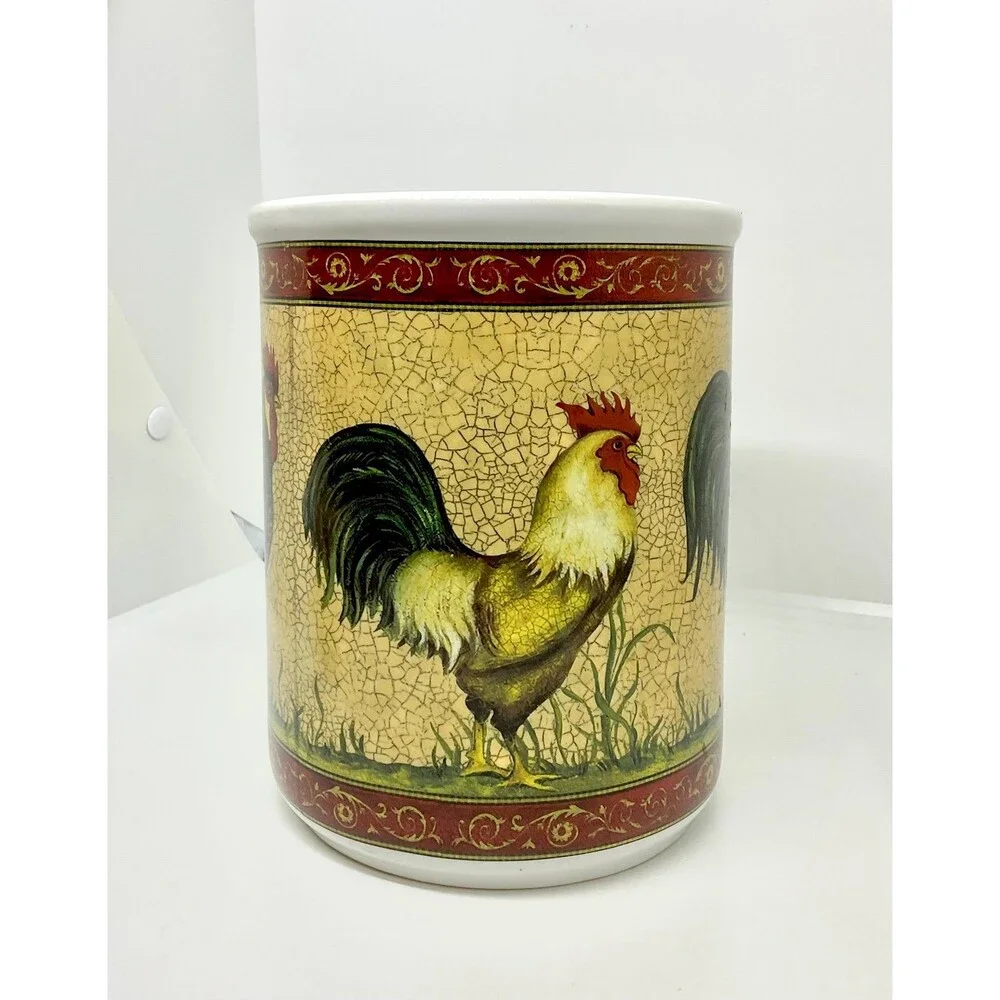 Vintage Ceramic Stoneware Rooster Utensil Crock
